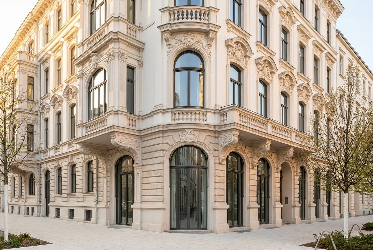 Elegant sanierte klassische Altbau-Eckfassade mit Stuck und Rundbogenfenstern