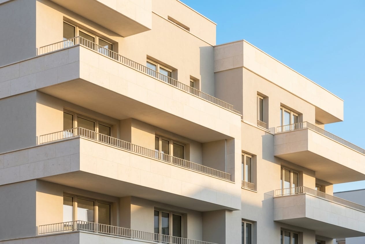 Nahaufnahme einer hellen Sandstein-Balkonfassade im Abendlicht
